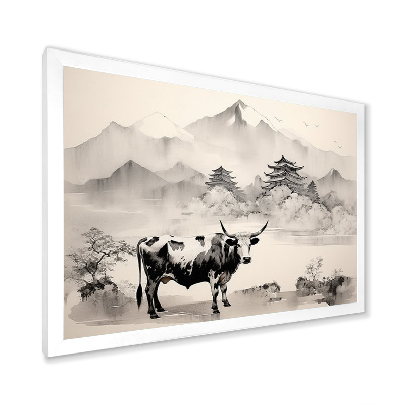Asian Art Cow Sumi I, reproduction d'art sur toile, H 24 po x l 32 po x P 1 po, Cadre photo blanc