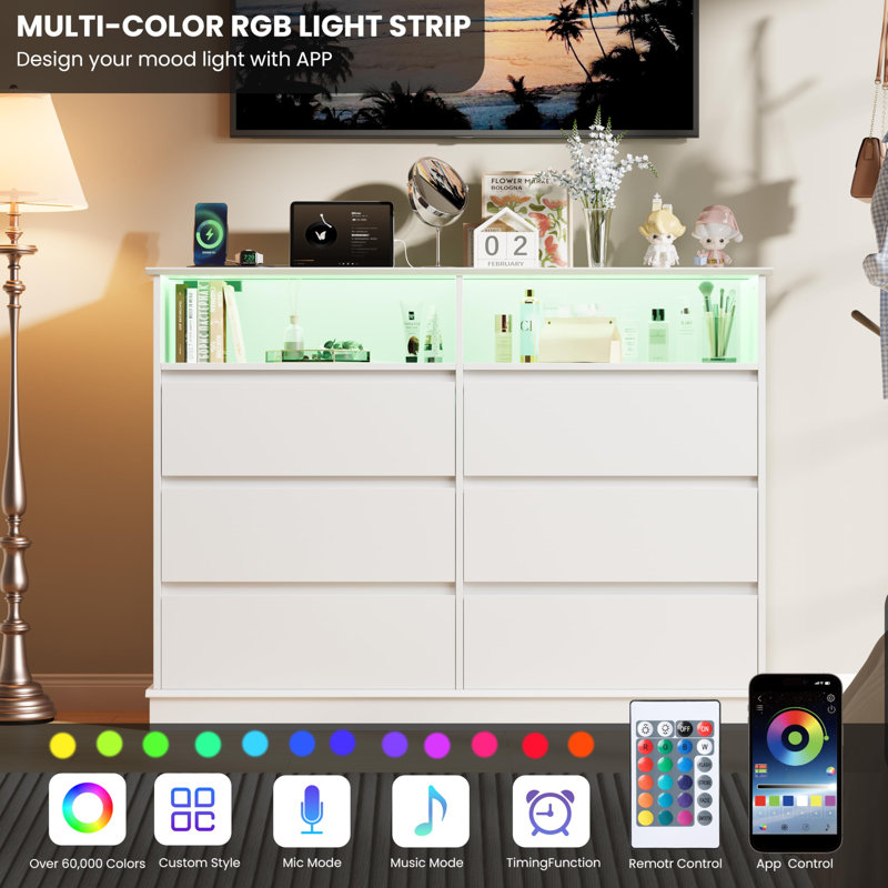 51" Wide 6-Drawer Dresser with RGB LED Lights & Charging Station – Modern Storage Chest with Outlets, USB, and Open Shelf for Bedroom, Living Room, Hallway