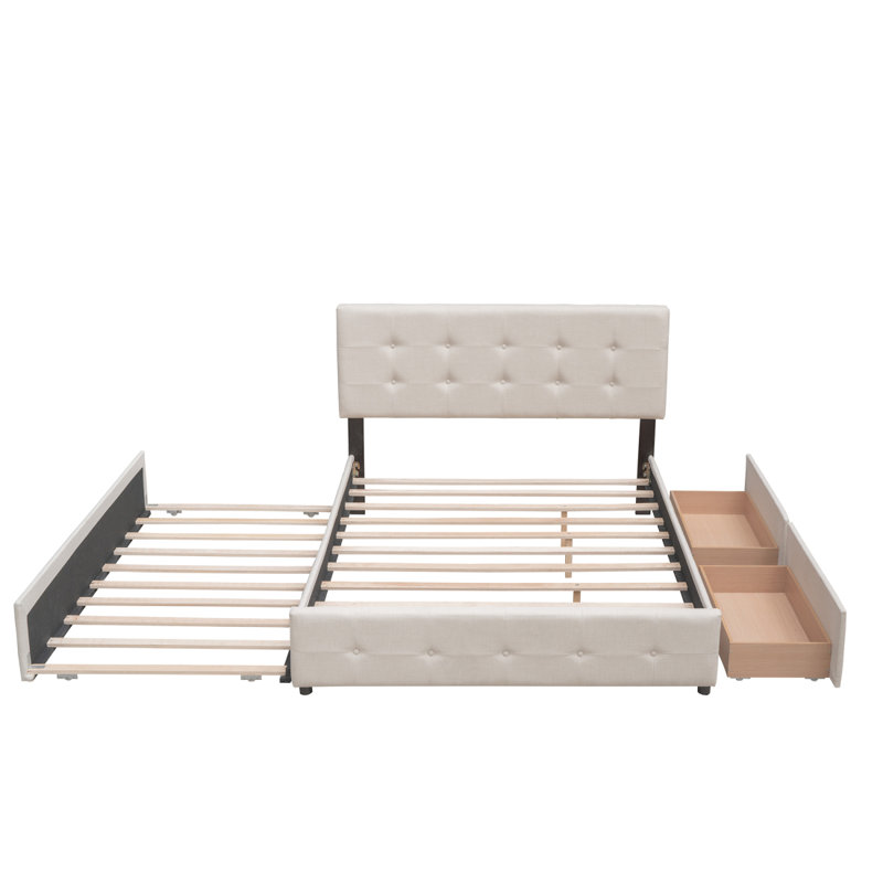 Lit plateforme tapissier avec 2 tiroirs et 1 lit gigogne simple TG, tissu de lin, grand lit - beige foncé (OLD SKU: LP000314AAA)