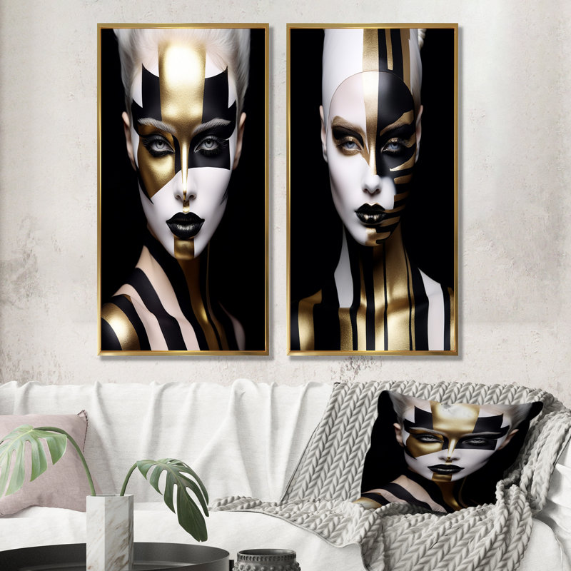 Femme dorée et noire Glam Elegance I - ensemble de 2 reproductions d'art abstrait, Cadre flottant doré, H 32 po x l 33 po