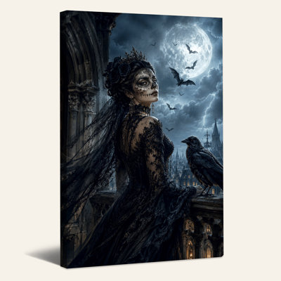 Femme avec maquillage de crâne et corbeau sous la pleine lune, art mural d'Halloween