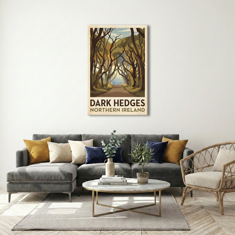 Dark Hedges, Northern Ireland - Enchanted Tree Tunnel Travel Poster. Giclee Print on Wrapped Canvas. Wall Art, Home Decor - Natural Landmarks, Northern Ireland 1 Piece Wrapped Canvas Wall Art
