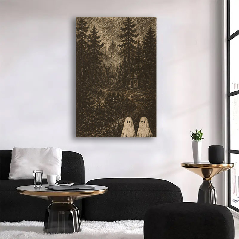 Scène de cabane en forêt vintage avec cerf et fantômes amicaux - Toile murale rétro pour l'Halloween, 20 x 30 po