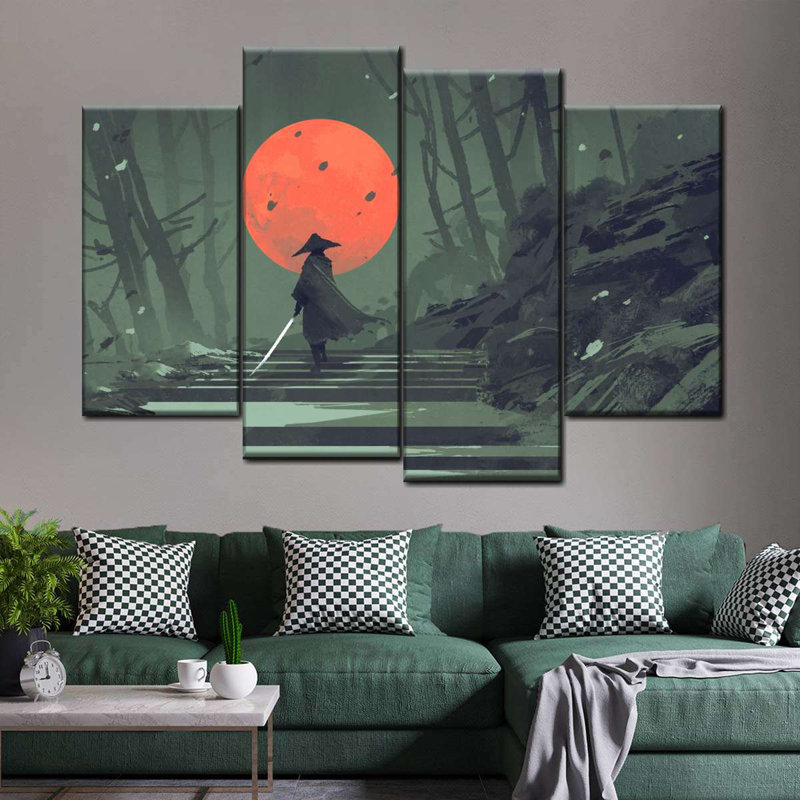 «People Samurai On Stairway On Canvas», ensemble de 4 pièces, H 14 po x l 24 po x P 1 po