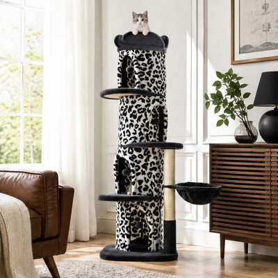 Arbre à chat de 174 cm (68,5 po) à motif léopard pour grands chats, avec niches, griffoirs et lit douillet