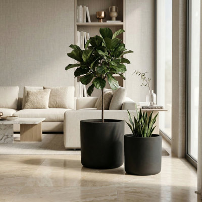 Ensemble de 2 grandes jardinières noires, patio rustique moderne en oxyde de magnésium