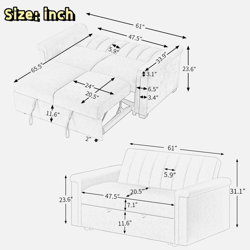 Kynzee 2-in-1 Convertible Sofa Bed with Adjustable Positions and and Black Plastic Feet, Gray