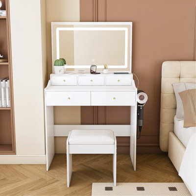 New Large Mirror Vanity Desk For Bed Room  , Modern Makeup Vanity Set With Power Outlet And Hair Dryer Holder, 5 Drawers , 3 Lighting Colour Adjustable Dressing Table For Bedroom, White Colour