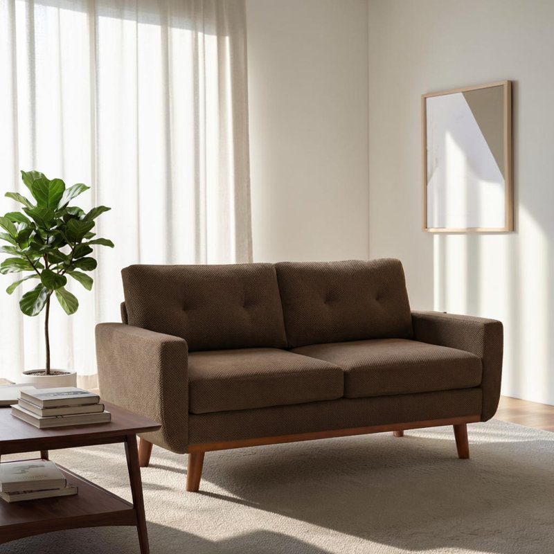 65" Nubby Upholstery Fabric Square Arm Loveseat, Brown Polyester