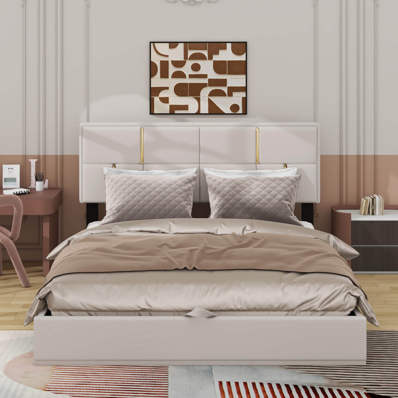 Grand lit plateforme tapissier avec système de rangement hydraulique, Beige