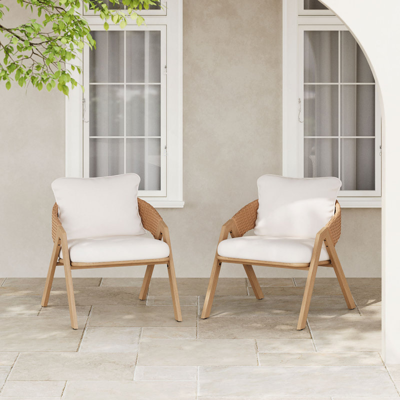 Chaise de patio avec coussins (ensemble de 2), Blanc, Teck