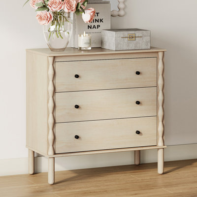 3 Drawer Dresser With Solid Wood Legs And Handmade Relief Design,Natural