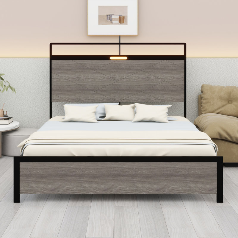 Base de lit plateforme avec tête de lit à DEL avec rangement et 2 USB, grand rangement sous le lit, Grand