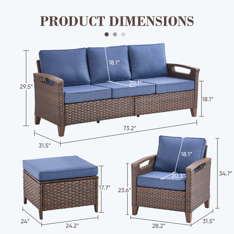 Arundel 7-9 Person Outdoor Courtyard Wicker Family Conversation Set Group With 4 Armchairs, Blue
