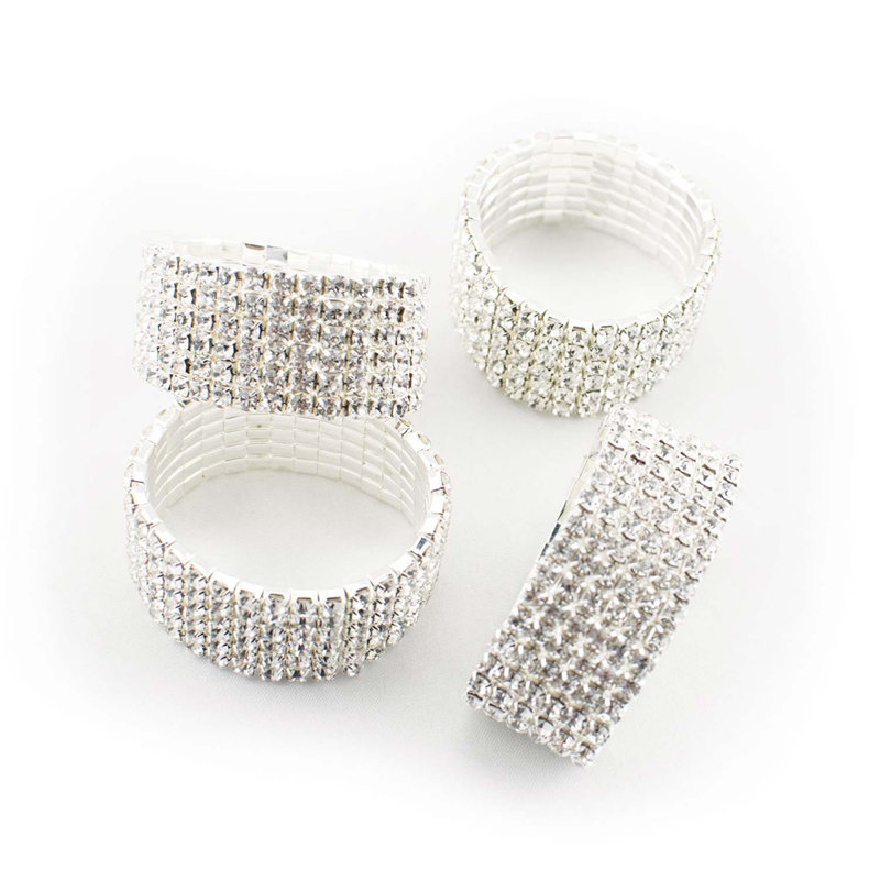 Silver Glass Rhinestone Elastic Napkin Ring Set of 4