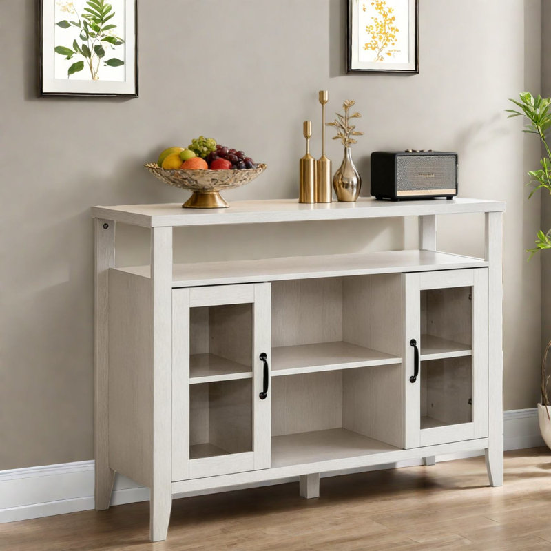 Buffets et commodes blancs spacieux, panneau de fibres à densité moyenne et verre, design rétro moderne pour le rangement à la maison