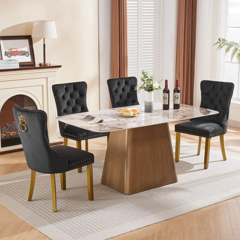 Contemporary Tufted Velvet Parsons Chair, Nailhead Trim & Back Ring, Gold, Velvet Black, 2