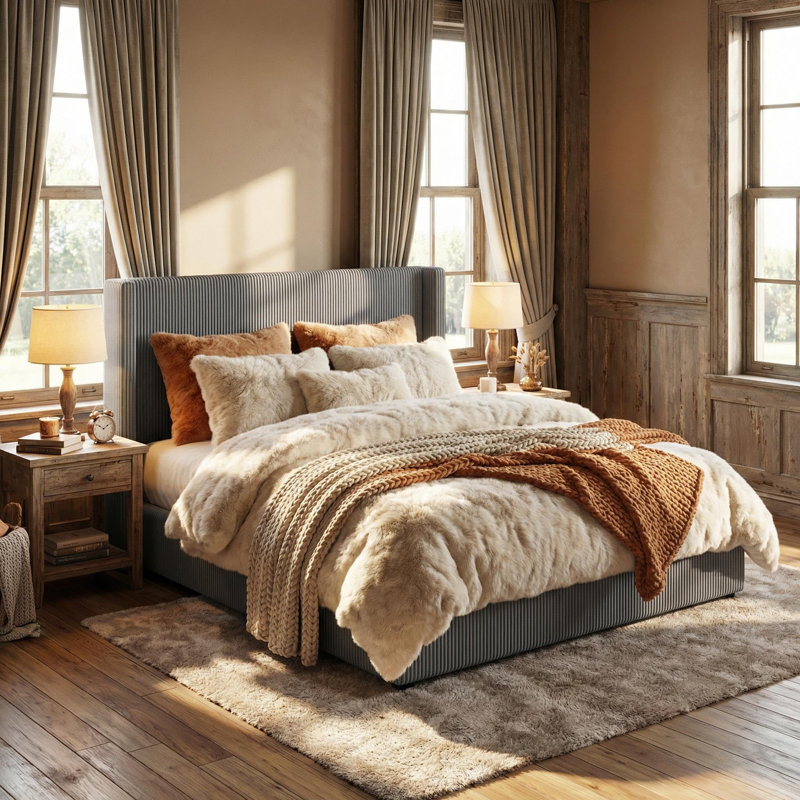 Grand lit avec tiroirs de rangement, structure de lit plateforme tapissier en velours côtelé avec oreilles, tête de lit et pied de lit capitonnés, sans sommier tapissier, gris