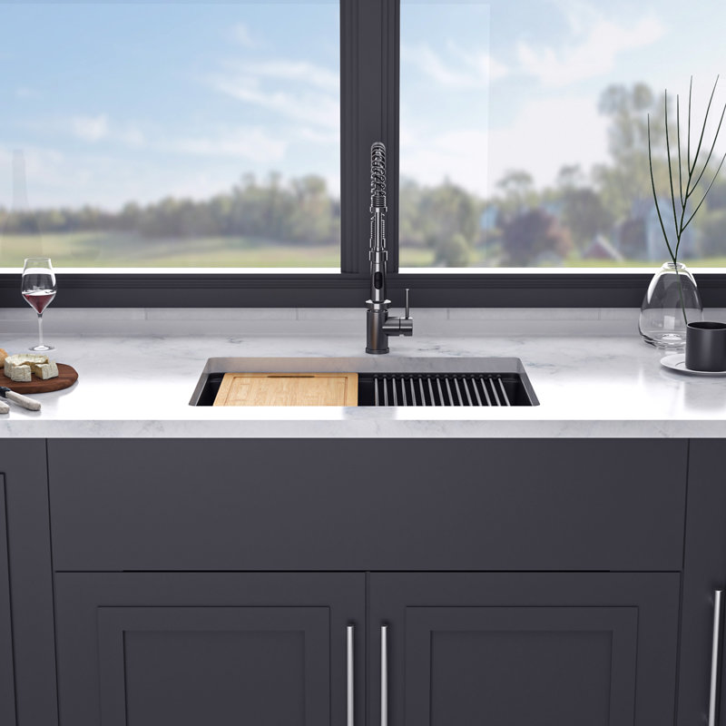 Évier de cuisine encastré en quartz / granite à simple cuve 28 "x 19" avec poste de travail, Noir mat