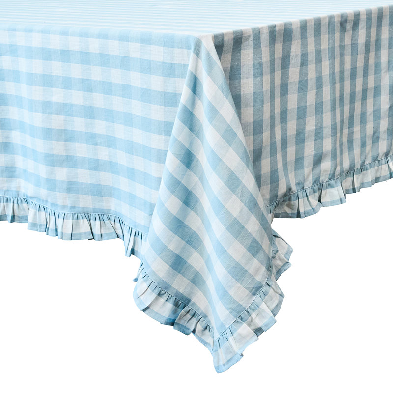 Gingham Ruffle 18" x 90" Table Runner, 120" L x 60" W, Ocean