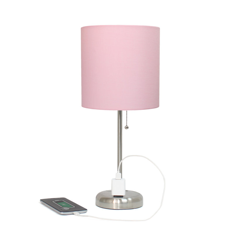 Brushed Steel and Light Pink Contemporary Table Lamp Duo with Power Outlet