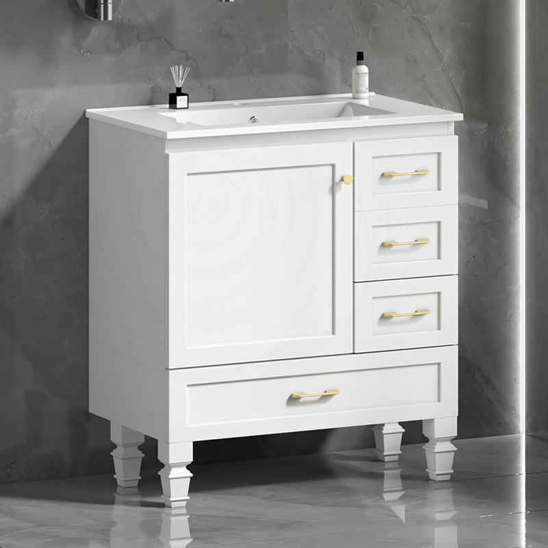 Meuble-lavabo blanc 30 po avec porte à fermeture en douceur et tiroirs, Blanc