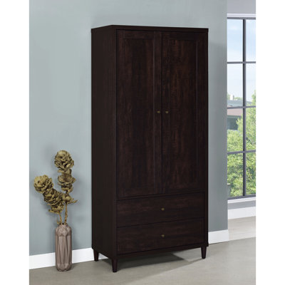 Armoire haute à 2 tiroirs, finition tabac rustique, bois d'ingénierie, finitions laiton, idéale pour les espaces de vie à la maison, 71,24 po