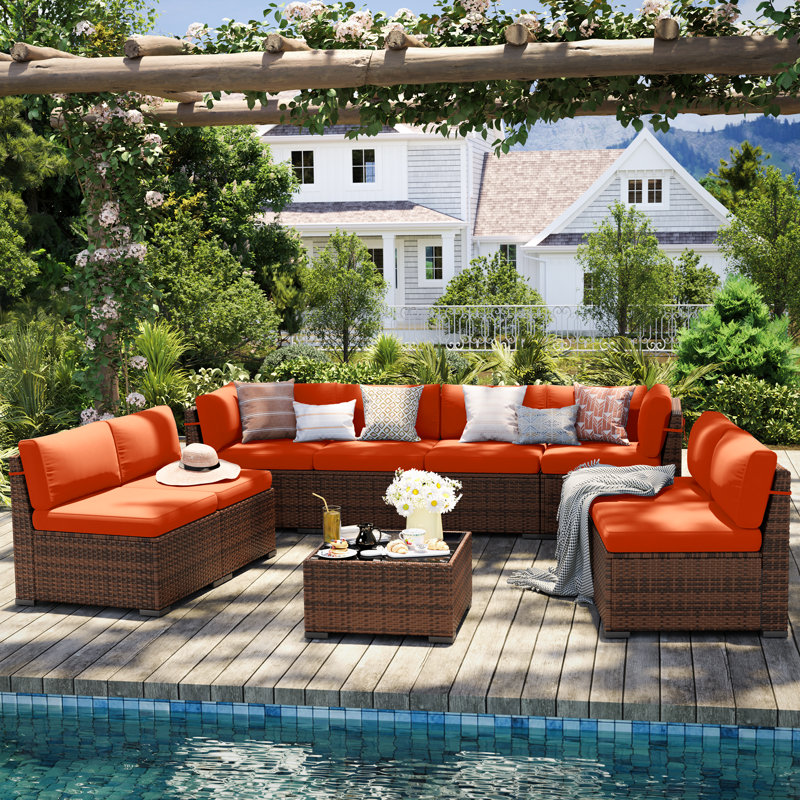 Ensemble de conversation modulaire en rotin pour 8 personnes avec coussins, Non, Gris