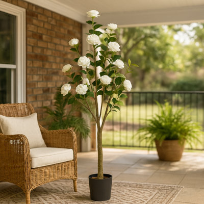 Faux arbre de camélia, plante de camélia blanc de 5 pi de hauteur dans une base en ciment, décoration intérieure pour la maison ou le bureau, cadeau de pendaison de crémaillère