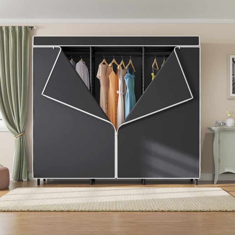 Black Metal Garment Rack with Adjustable Shelves and Cover