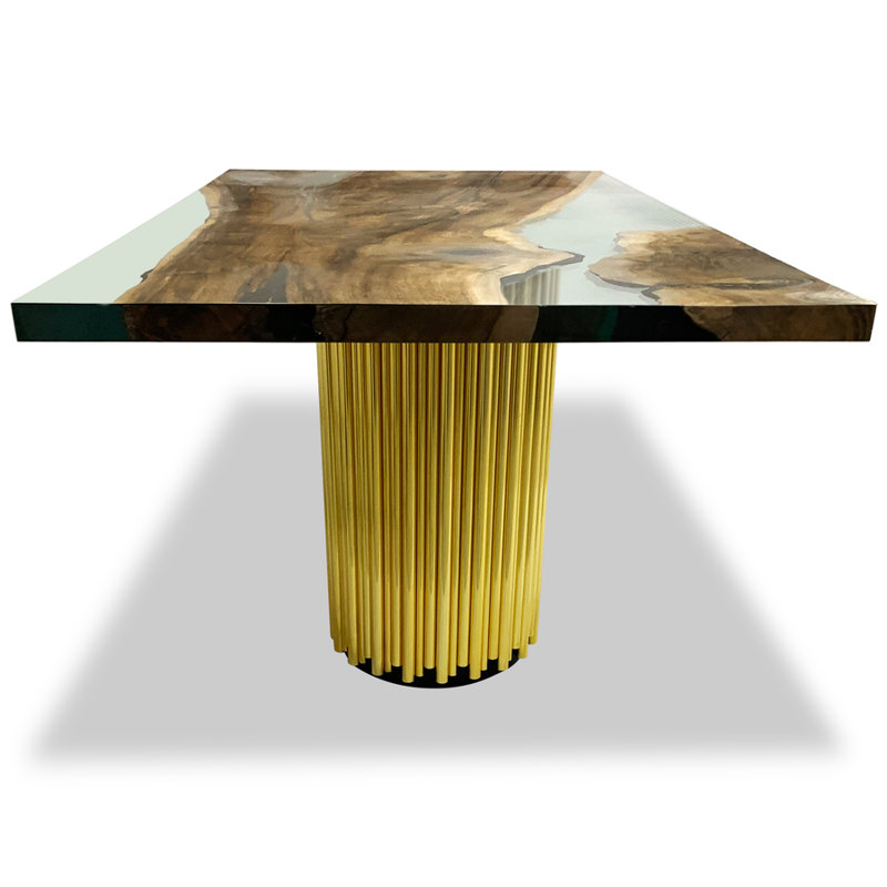Walnut Metal Base Dining Table, Brass, H75 x L183 x W107cm