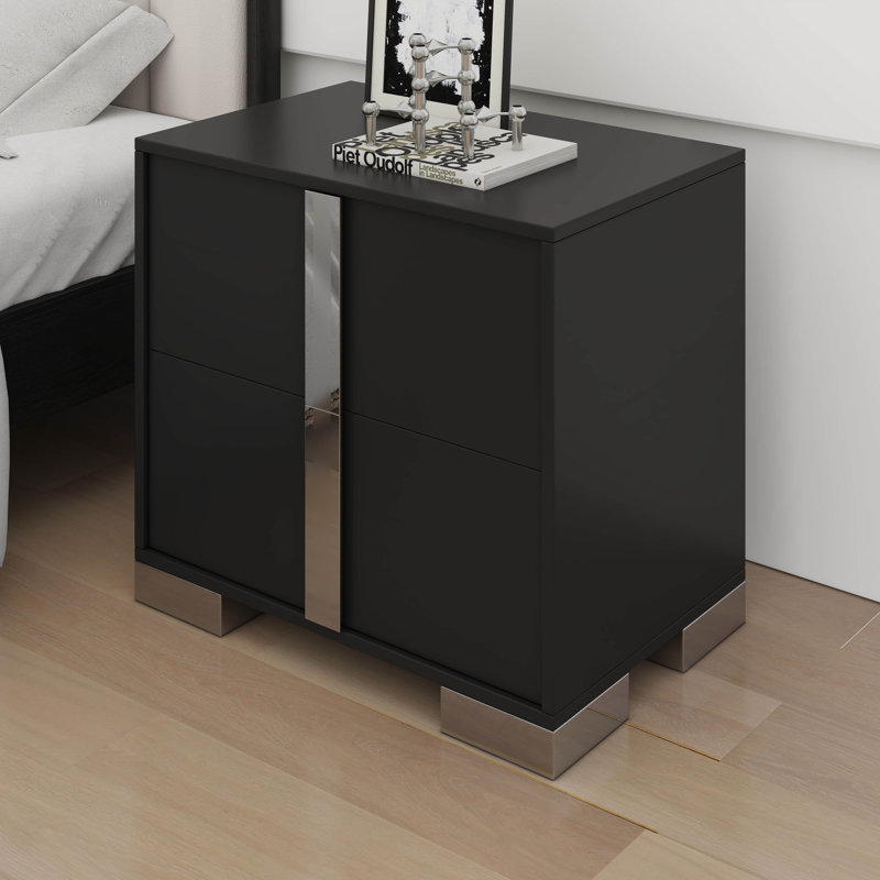 Table de chevet moderne à 2 tiroirs avec poignée en métal Elegant, Noir