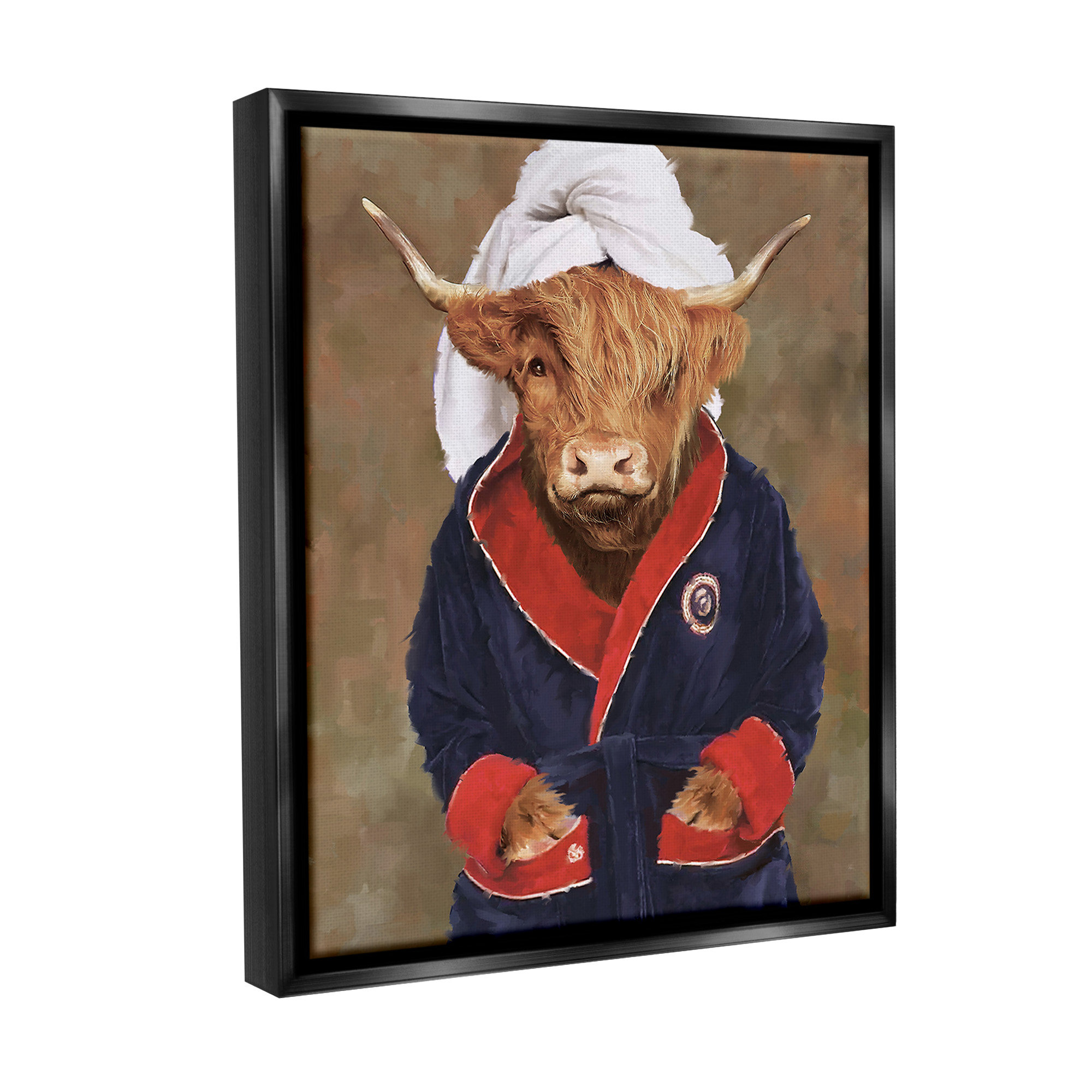 Trinx " Cow In Bathroom Robe Floater Frame " by PSL Art on Canvas | Wayfair