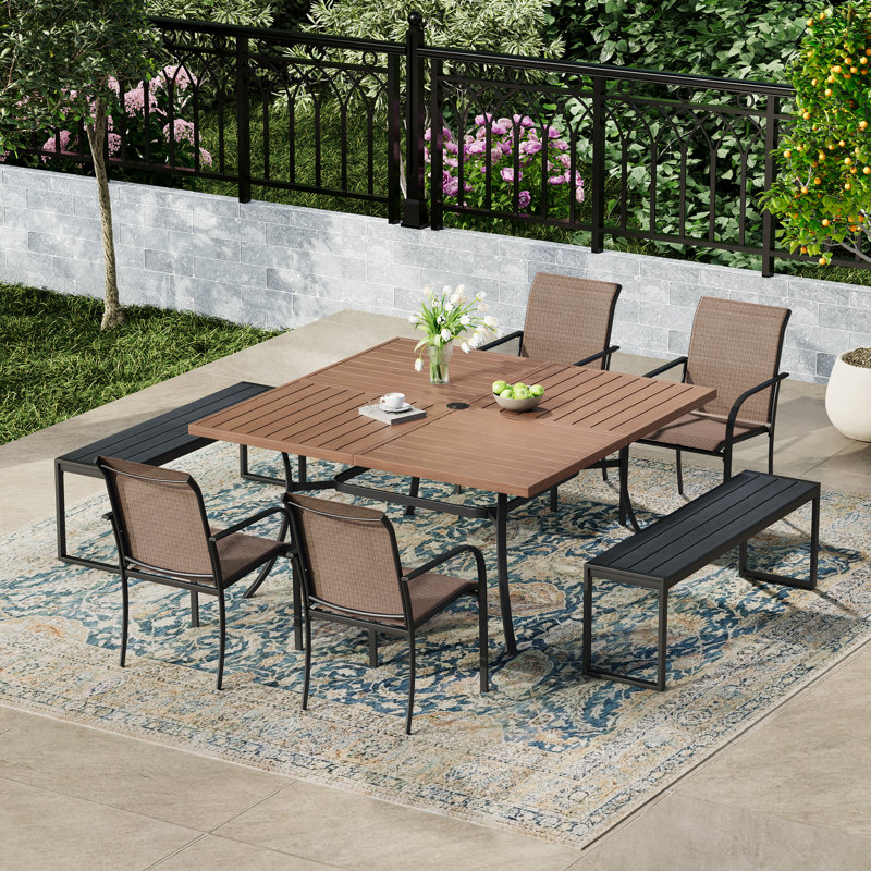 Ensemble repas carré 59,1 "avec banc, Noyer / noir, Brun