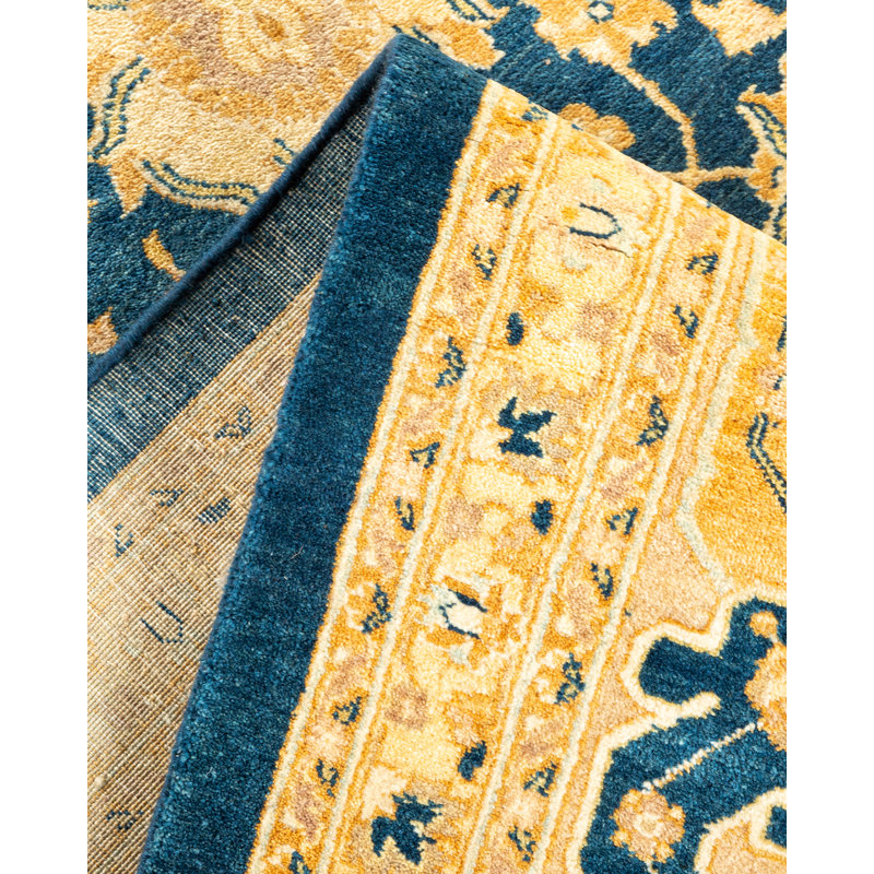 Tapis de couloir bleu / beige noué à la main de conception unique 8 pi 4 po x 13 pi 6 po Oakhur