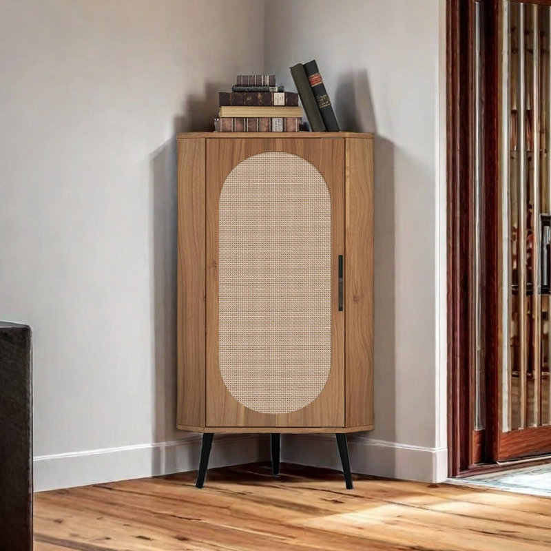 Corner Cabinet ,Rattan Door,Freestanding Corner Tables For Small Spaces, Corner Shelf Stand For Living Room, Kitchen, Bathroom, Bedroom