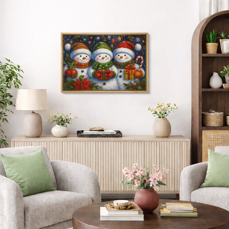 «Christmas Snowmen Artwork Holiday Cheer», reproduction d'art sur toile encadrée, H 24 po x l 36 po x P 1,5 po, Cadre naturel