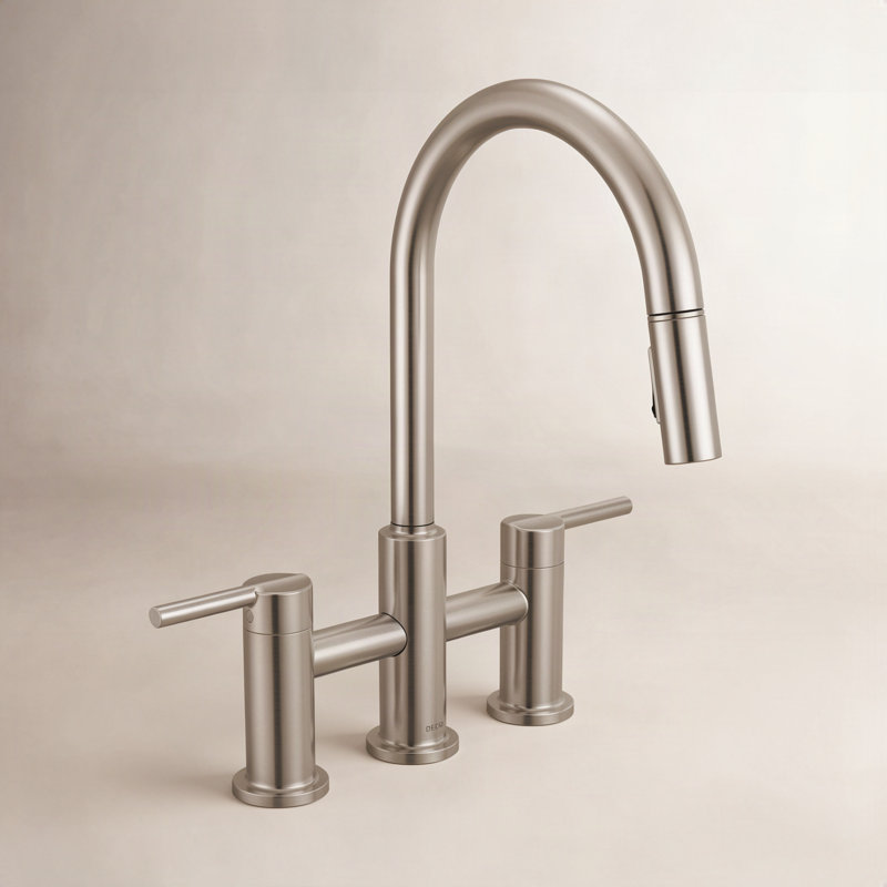 Robinet de cuisine en nickel brossé avec douchette rétractable Nicoli, robinet d'évier de cuisine Bridge, deux poignées, acier inoxydable