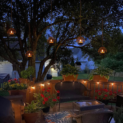 Solar Hanging Lanterns 4 Pack - Waterproof Rust Iron Ball Candle Holder With Flickering Tea Lights, Chargeable Outdoor Decor For Backyard Patio Garden Fence Tree