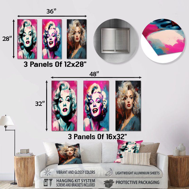 Magenta Monroe Popart Portrait - femme Pop Art, ensemble de 3 impressions sur métal, H 28 po x l 36 po