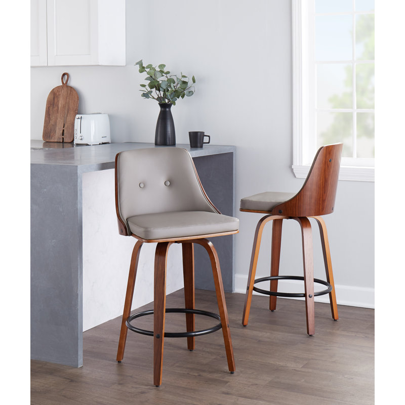 Archaimbaud Fixed Height Faux Leather Bar & Counter Stool with Round Footrest, Light Gray Faux Leather, Black
