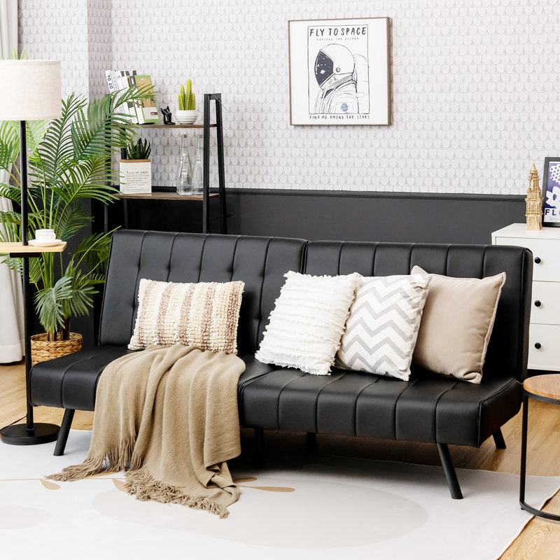 Camisha Twin 70'' Faux Leather Convertible Sofa, Black Faux Leather