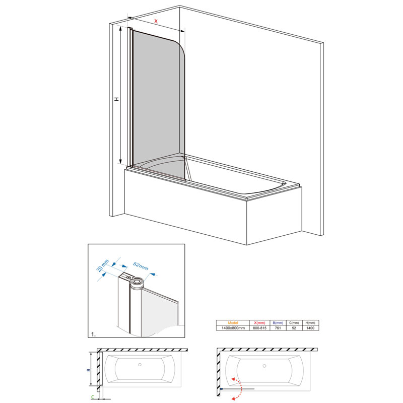 Gertraut 815mm W x 1400mm H Pivot Semi-Frameless Tub Door with Clear Glass, Black