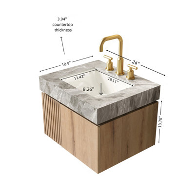 Meuble-lavabo de 24 po avec lavabo, armoire de rangement flottante en contreplaqué avec 2 portes, comptoir en pierre frittée Roma Travertine et lavabo en céramique avec 3 trous de robinet pré-percés, pré-assemblé