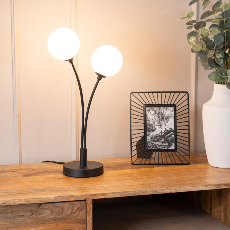 Velika 2 Arm Opaque Globe Table Lamp Light with LED Bulbs, Black
