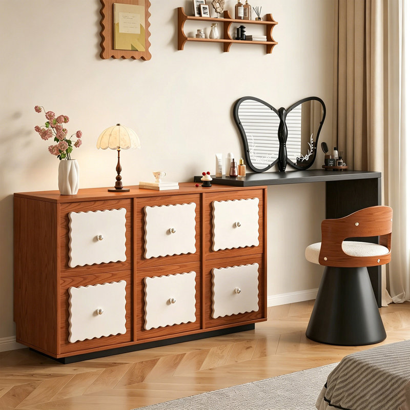Coiffeuse extensible en L pivotante de style milieu du siècle, 120 cm (47,24 po) – Structure en frêne, tiroirs en pin, panneaux arrière et inférieur multicouches en bois massif, commode à six tiroirs à bords ondulés, coiffeuse multifonctionnelle rétro pour chambre à coucher