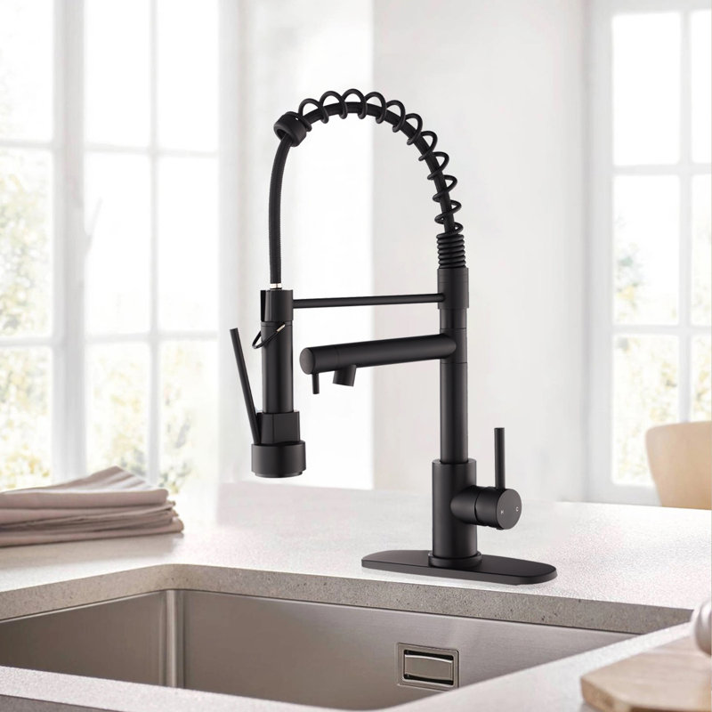 Kitchen Faucet With Pull Down Sprayer, Touch On Single Handle 2- Function Stainless Steel Spring Neck, Single Hole Installation For Residential, Commercial, RV, Bar & More, Matte Black