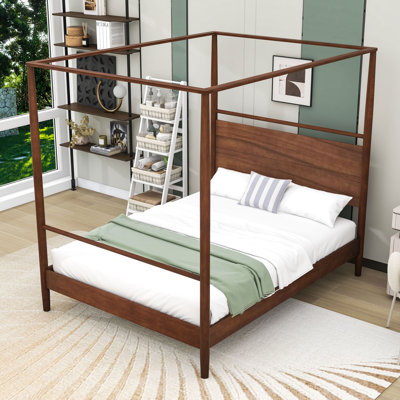 Four-Poster Wooden Canopy Platform Bed with Center Support