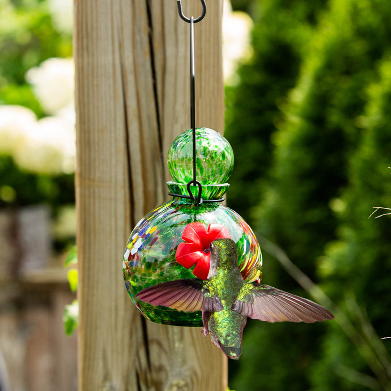 Glass Hanging Hummingbird Feeder, Green