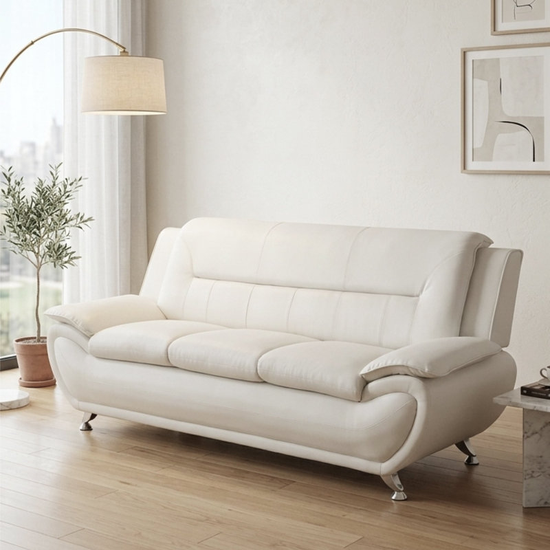 Canapé de salon 76 po en similicuir 3 places avec assise profonde et capitonné pour la maison, 76 po, Beige